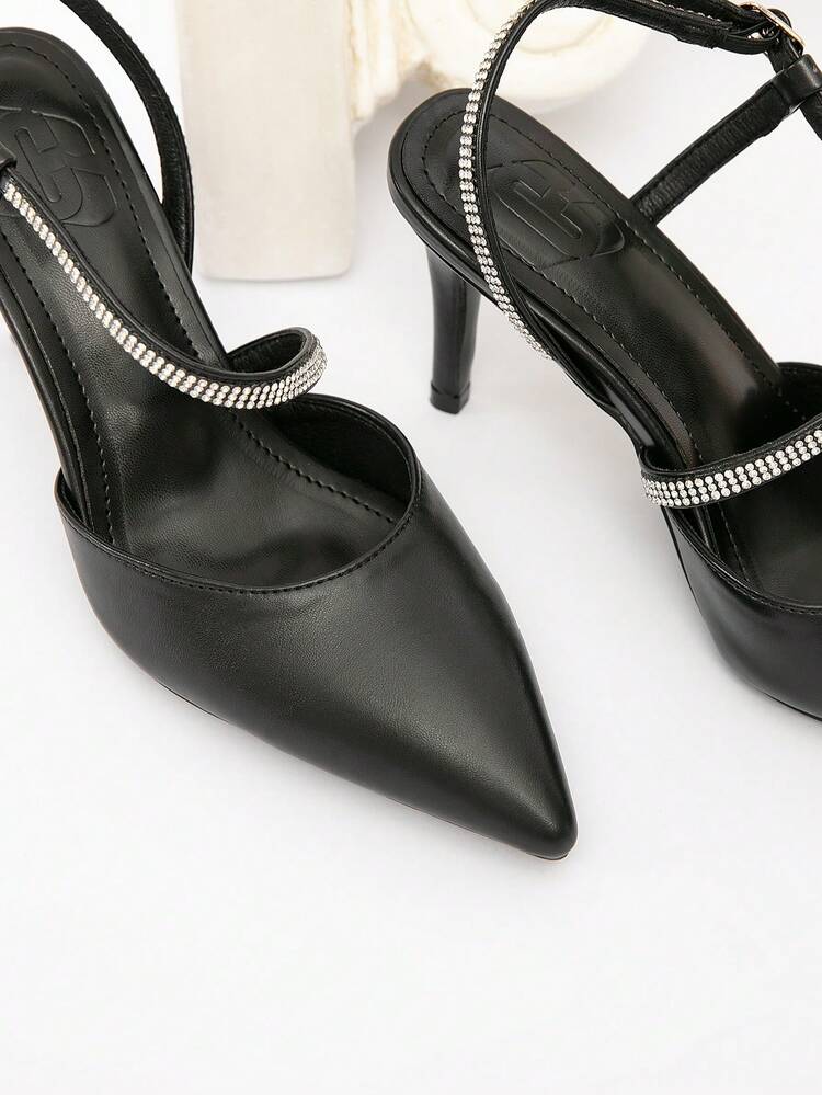 CUCCOO CHICEST Women's Pointed Toe Rhinestone Strap Stiletto High Heel Shoes, Elegant Glamorous Sexy Fashion Black Faux Leather Slip-On Pumps For Dress, Afternoon Tea, Date, Party, Workplace, Formal Occasions, Halloween, Christmas, Thanksgiving