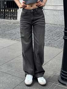 Loose Straight Pocket Casual Versatile Solid Color Denim Jeans