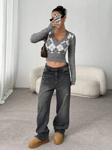 Flirla Women Argyle Pattern V-Neck Slim Fit Crop Pullover Sweater, Long Sleeve Top Knit Pullover Fall Winter - Multicolor - View 6