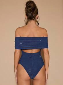 SHEIN BAE Women's Glittery Elegant Off Shoulder Short Sleeve Twisted Back Tie Bodysuit