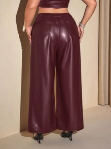 SHEIN ICON Pantaloni diritti in poliuretano da donna con laccetti frontali, colore rosso vino, per l'inverno, taglie comode - Bordò - Visualizzare 2