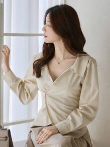 DAZY Áo cánh dài tay cài nút phía trước màu trơn dành cho nữ, trang phục thường ngày, trang phục mùa thu - Màu be - Xem 3