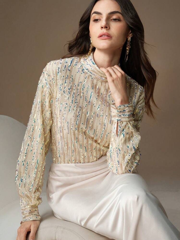 エレガントなレトロ通勤ファッション スパンコール ストライプ ビーズ付き レディーストップス、新年向け