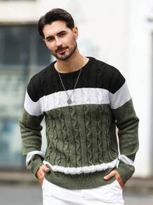 Manfinity Homme Men's Casual Everyday Contrast Color Cable Knit Pullover Sweater
