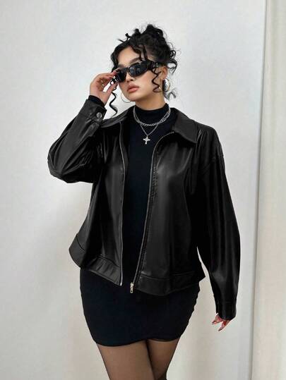 Vibekara Plus Size Zip Up Solid PU Leather Collar Jacket, Long Sleeve, For Winter Fall Cloth For Women Autumn