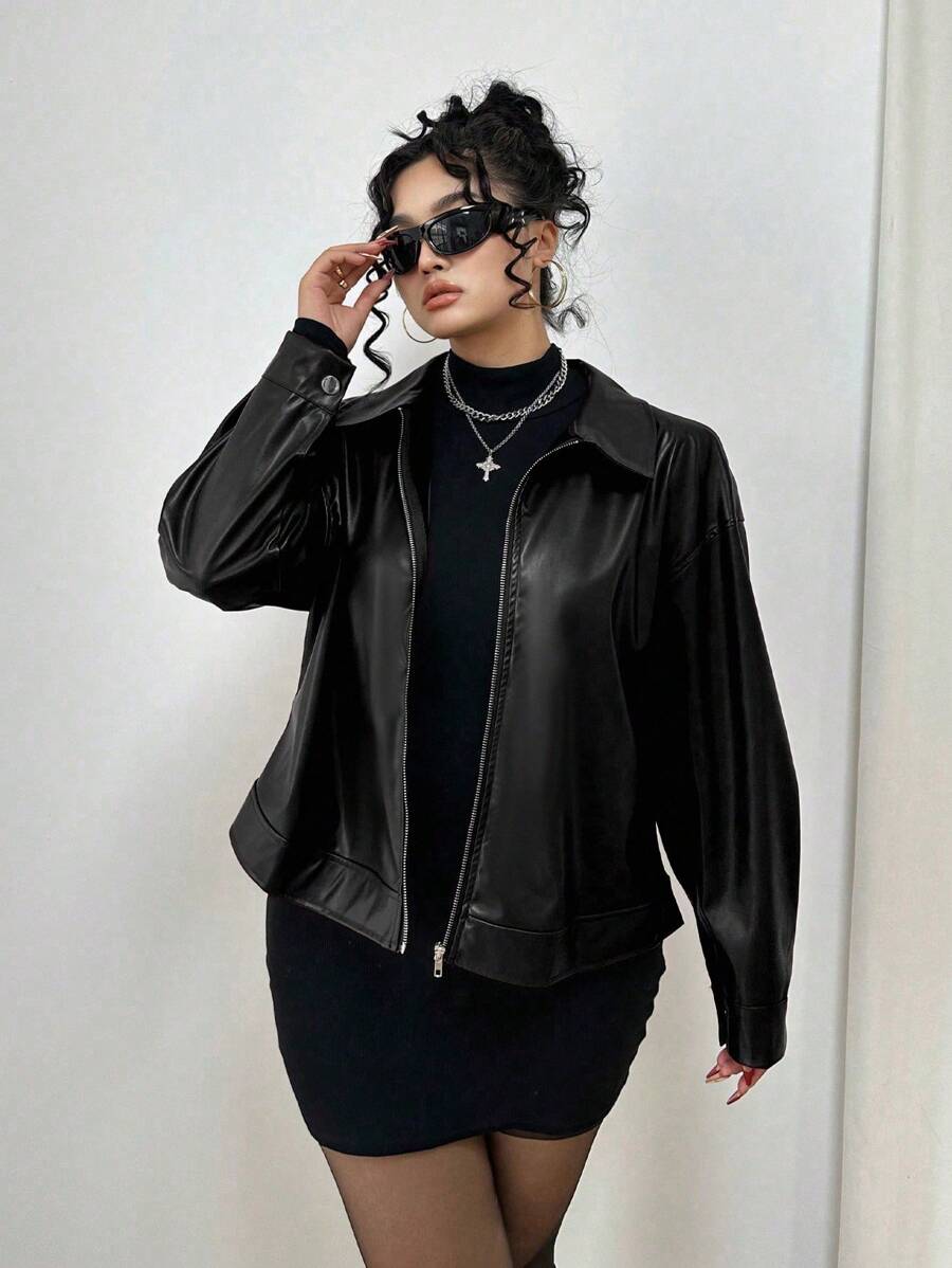 Vibekara Plus Size Zip Up Solid PU Leather Collar Jacket, Long Sleeve, For Winter Fall Cloth For Women Autumn - Black - View 1
