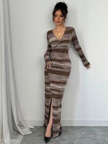 Modelyn Camouflage Ombre Bodycon V-Neck Dress Maxi Women Outfit Long Evening Dresses Fall Cloth For Women - Coffee - View 5