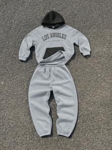 SHEIN 2pcs Tween Boys' Loose Fit Colorblock Hooded Sweatshirt & Jogger Pants Set - Multicolor - View 1