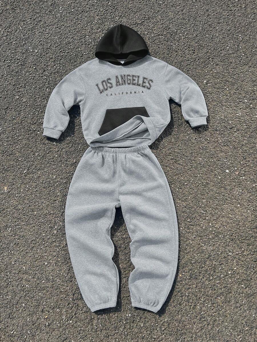 SHEIN 2pcs Tween Boys' Loose Fit Colorblock Hooded Sweatshirt & Jogger Pants Set - Multicolor - View 1