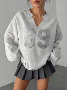 SHEIN EZwear Sudadera casual de mujer con cuello en V de un solo color y estampado numérico, para uso diario