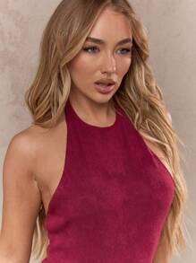 MISSGUIDED Textured Ribbed Halter Neck Backless Bodysuit - Hot Pink - View 3