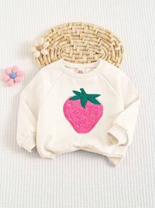 Cozy Pixies 女婴草莓图案圆领长袖插肩休闲简约毛绒刺绣套头衫，温暖舒适，保暖内衬，百搭运动休闲百搭上衣，杏色 - 杏色 - 查看 6