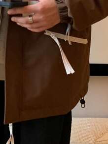 Manfinity Hypemode Men's Casual Two-Tone Zipper Front Drawstring Hooded Padded Coat, Winter Going Out Khaki Color Block Coat, For Friends, Husband, Boyfriend Gifts