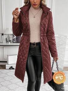 SHEIN Clasi Áo khoác nữ cổ đứng có khóa kéo thường ngày, đơn giản & thời trang, mùa đông - Màu Đỏ Sâu - Xem 5