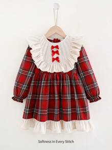Cozy Pixies Young Girl Colorful Plaid Contrast Ruffle Hem Waist Fit Long Sleeve Dress - Red - View 1