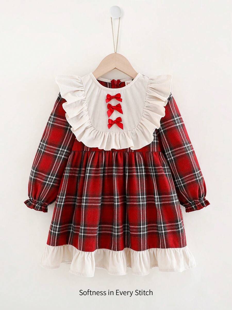 Cozy Pixies Young Girl Colorful Plaid Contrast Ruffle Hem Waist Fit Long Sleeve Dress - Red - View 1