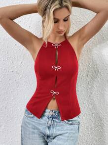 SHEIN EZwear 女士休闲纯色常规版型无袖露背针织背心 - 玫瑰紅 - 查看 4