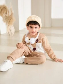 SHEIN 2pcs/Set Cartoon Elk Print Crew Neck Long Sleeve Sweatshirt And Pants Casual Outfit For Young Boy - Khaki - View 5
