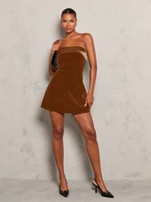 Glamine Women's Elegant Slim-Fit Straight-Neck Velvet Mini Dress, Warm For Holiday Party Clothes - Brown - View 5