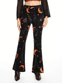 ROMWE Hippie Women Hippie Star & Moon Print Velvet Flare Pants