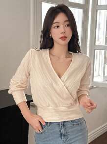 DAZY Women's Elegant V-Neck Cross-Wrapped Long Sleeve T-Shirt, Solid Color Design, New For Autumn,Fall Women Clothes - White - View 10