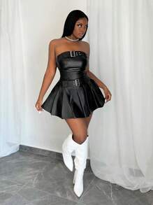 BamGleam 女士冬季时尚性感黑色天鹅绒金属扣腰带仿皮褶皱迷你连衣裙 - 黑色 - 查看 3