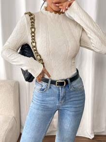SHEIN Frenchy Women's Fashion Ruffle Collar Long Sleeve Fitted T-Shirt, Autumn Fall,Small Turtleneck Tight-Fitting Warm Textured Fabric Top