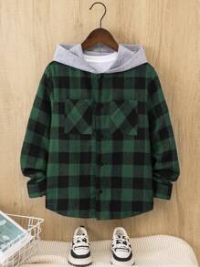 1 件 Tween Boy 牛津休闲日常舒适海军蓝和黑色格子连帽宽松长袖衬衫，适合外出、学校、聚会、秋冬、圣诞节、冬季 - 墨綠色 - 查看 2