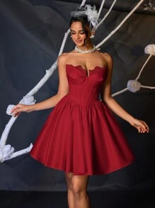 SHEIN Belle Gorgeous Elegant Noble Cute Stretchy Floral Lace Patchwork Satin Finish Bustier High Waist Tube Bridal Shower Dress , Suitable For Bachelorette Party, Wedding, Graduation, Vacation, Bride's Gift - Red - View 4