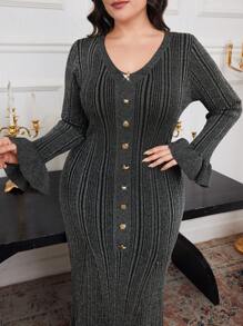 Modelyn Plus Size Elegant Striped Flared Sleeve Fishtail Sweater Dress, Autumn/Winter - Black - View 4