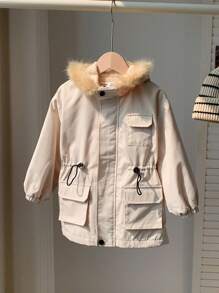 1pc Casual Comfortable Warm White Fleece Hooded Jacket With Pockets For Young Boys, Suitable For Outings, School, Daily Occasions, Autumn And Winter Seasons