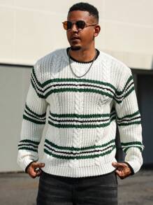 Manfinity Homme Men's Stripe Round Neck Loose Fit Casual Knit Sweater, Autumn/Winter - Black and White - View 6