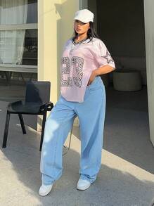 SHEIN ICON Quần Jeans Ống Rộng Thêu Bướm Giặt Nước Size Lớn Thường Ngày - Rửa nhẹ - Xem 6