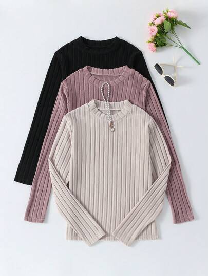 3-Piece Set Teen Girl Plain Ridged Velvet T-Shirts