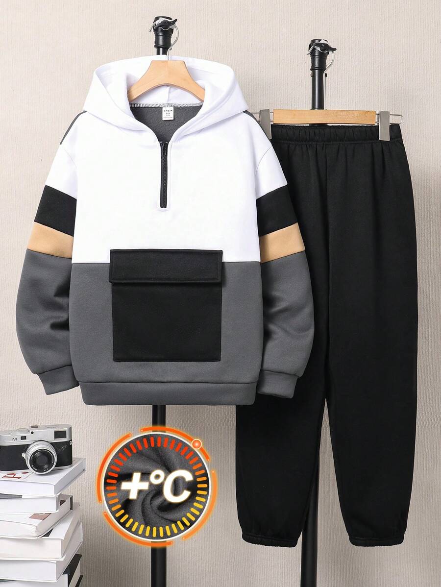 SHEIN Leap Crew Bộ 2 chiếc áo hoodie thể thao có viền gân tương phản màu sắc có dây rút cho bé trai tuổi mới lớn và quần chạy bộ dáng rộng, thích hợp mặc đi học, đi làm, giải trí, du lịch, thể thao, xuân/hè/thu/đông - Nhiều màu - Xem 1