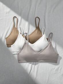 SHEIN 3pcs Teen Girl Simple Comfortable Padded Rib Knit Skincare Breathable Gather Back Bras Set - Multicolor - View 1