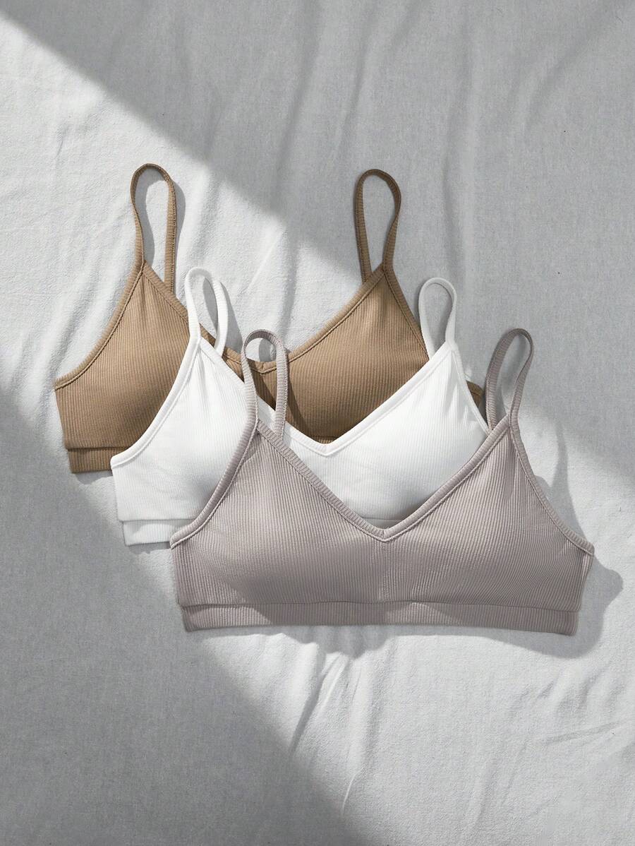 SHEIN 3pcs Teen Girl Simple Comfortable Padded Rib Knit Skincare Breathable Gather Back Bras Set - Multicolor - View 1