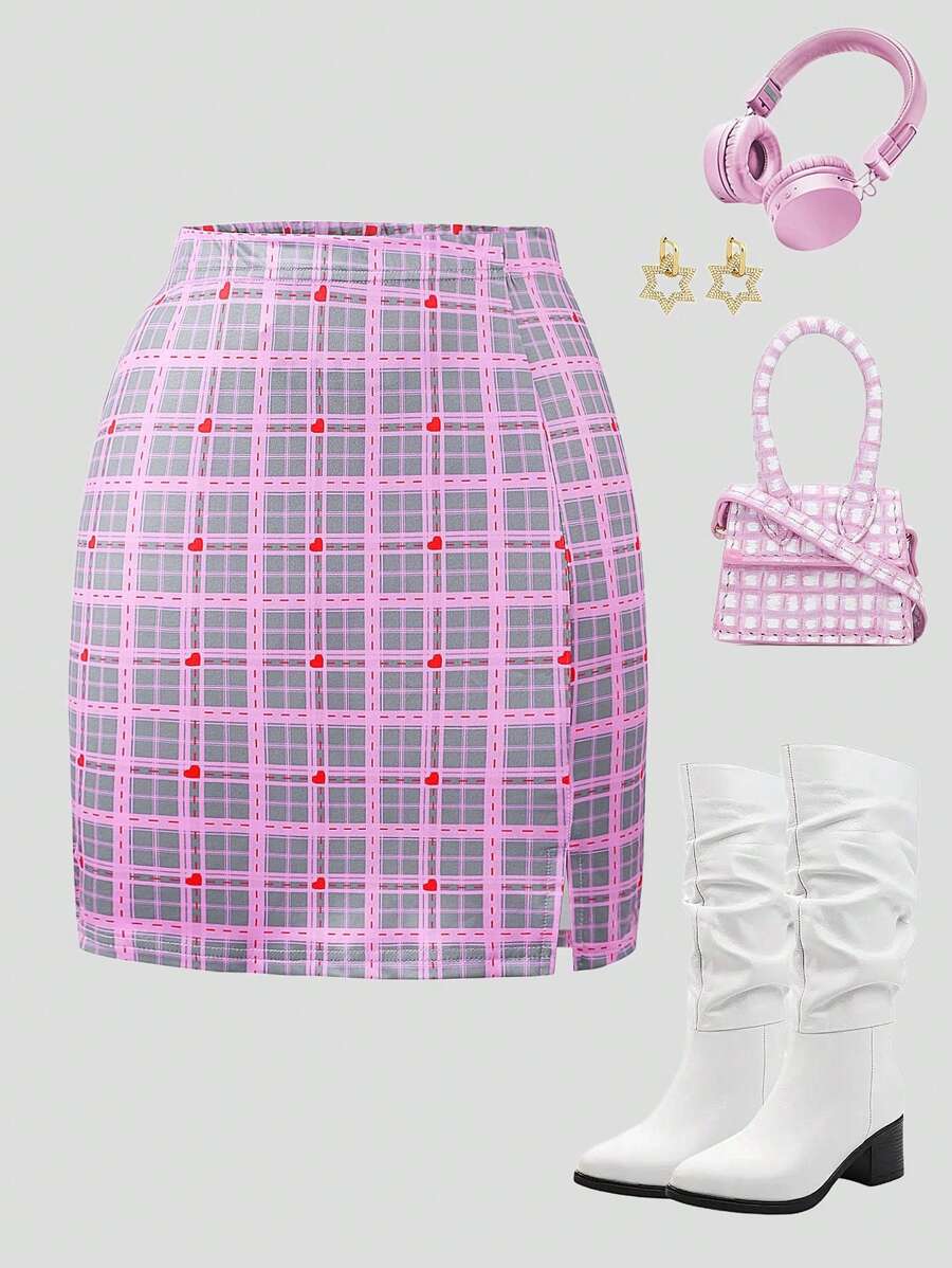 SHEIN Explorewe Jupe mini douce à motif cœur à carreaux pour la Saint-Valentin pour les adolescentes