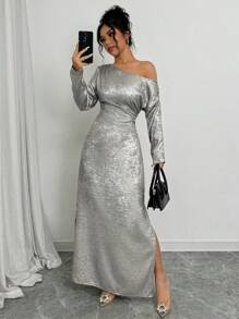 Chiquease Đầm Maxi Tay Dài Thanh Lịch Xiên Vai Vàng Cho Nữ Trang Phục Nữ - Bạc - Xem 5