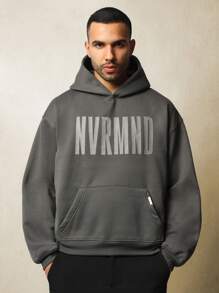 SUMWON NVRMND Logo Athletic Sweatshirt Hoodie Premium Heavyweight Pullover Fall Winter Loungewear Urban Streetwear Comfort Fit Sportswear Kangaroo Pocket - Dark Grey - View 1