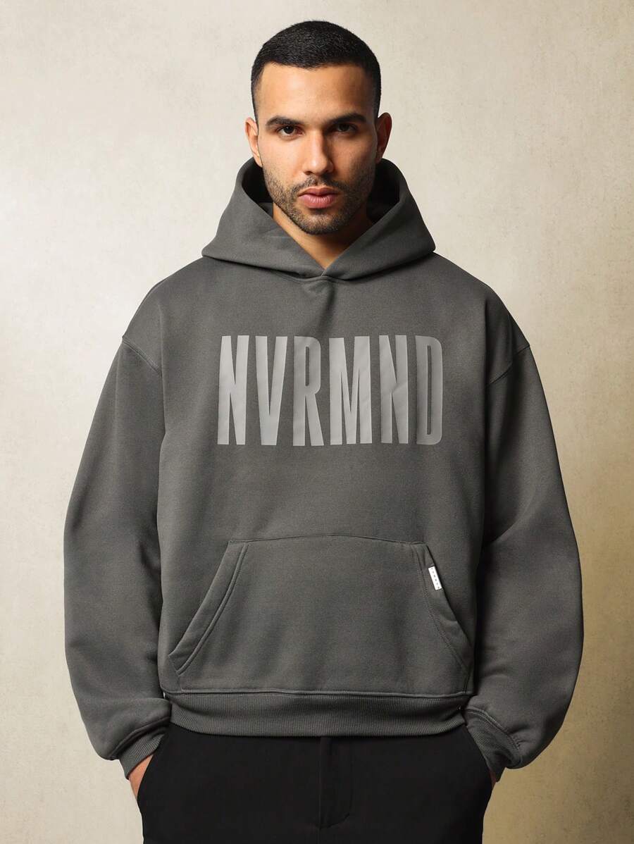 SUMWON NVRMND Logo Athletic Sweatshirt Hoodie Premium Heavyweight Pullover Fall Winter Loungewear Urban Streetwear Comfort Fit Sportswear Kangaroo Pocket - Dark Grey - View 1
