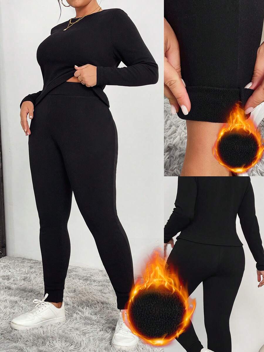 Elenzga Bộ đồ lót giữ nhiệt lót dày cỡ lớn cho nữ, Thu/Đông - màu đen - Xem 1