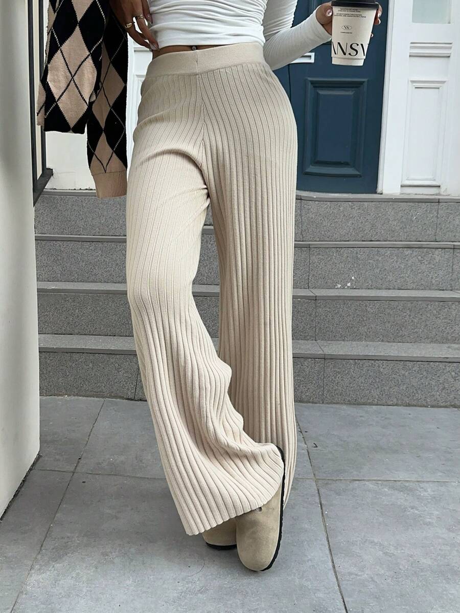 SHEIN EZwear Women's New Apricot Flare Leg Ribbed Knit Pants In Fall/Winter - Apricot - View 1