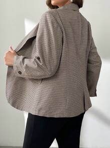 Firerie Áo khoác blazer kẻ caro cổ bẻ tay dài cỡ lớn, thu/đông - Màu Khaki - Xem 2