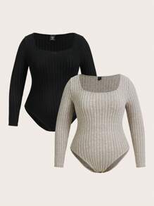 SHEIN Essnce 大码纯色方领罗纹紧身连身衣，长袖