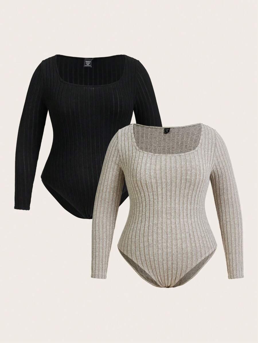 SHEIN Essnce 大码纯色方领罗纹紧身连身衣，长袖