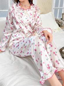 Conjunto de pijama romántico para mujer con estampado floral de seda sintética