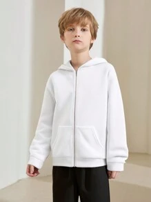 SHEIN Leap Crew Tween Boy Zip-Up Hooded All-Match Versatile Sweatshirt, Suitable For Casual, Sportswear And Commuting In Autumn & Winter - White - View 1