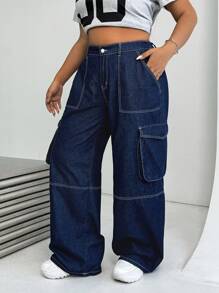 SHEIN EZwear 大码女式宽松直筒蓝色牛仔裤