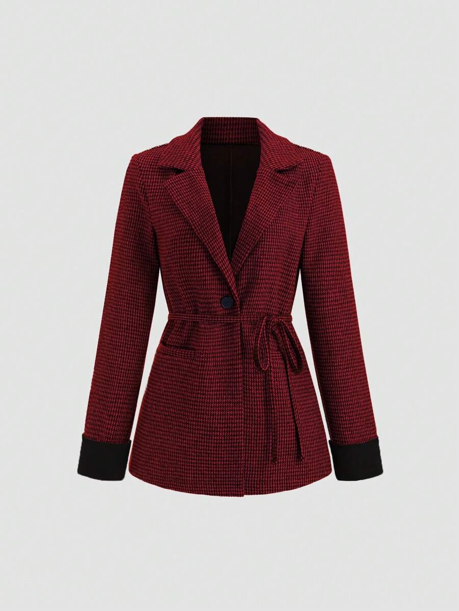 SHEIN Unity 新款秋冬季收腰千鸟格厚款修身西装外套女士新年衣服 - 紅色 - 查看 1